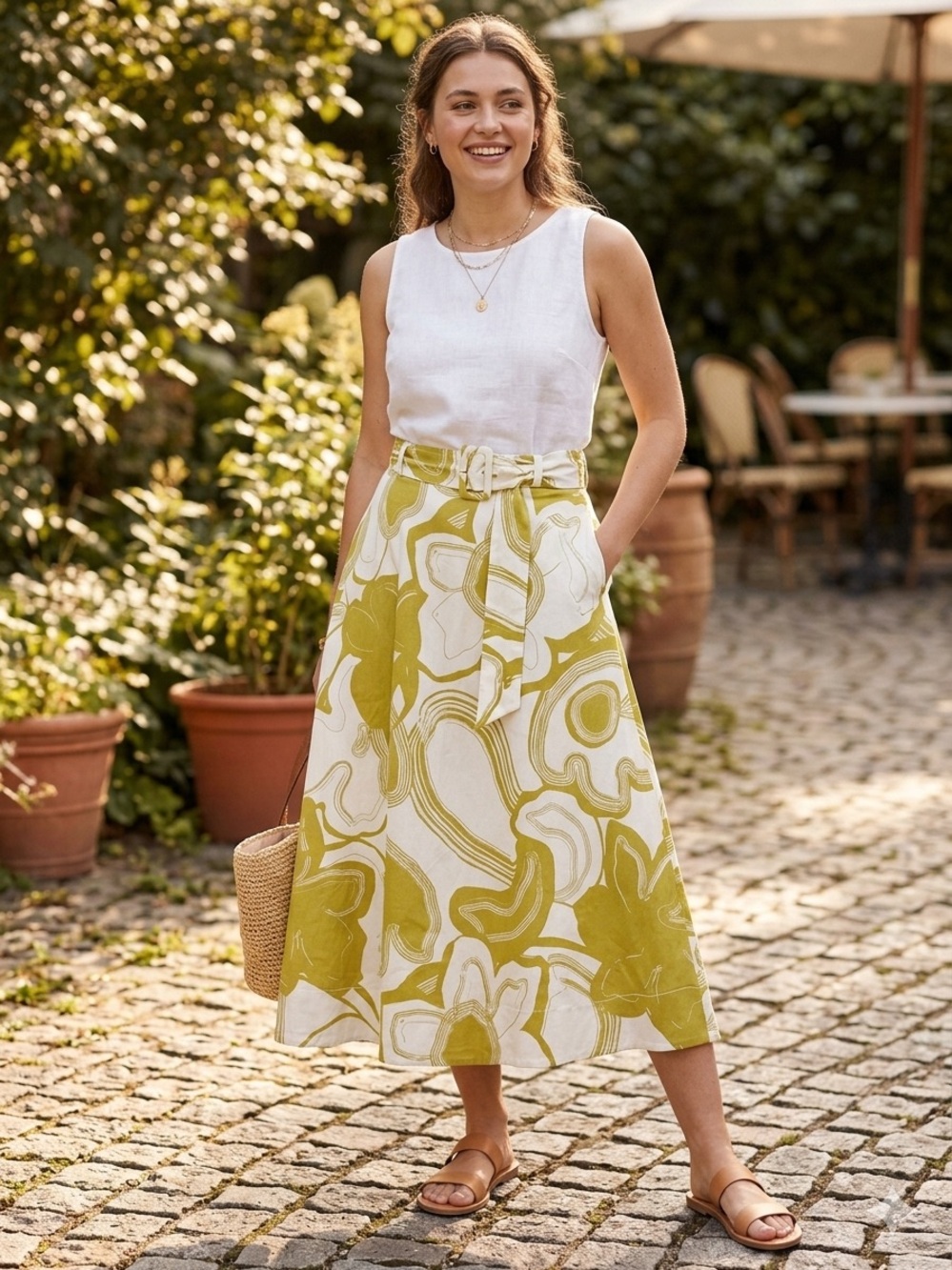 Worthington size 2 A-Line belted Midi Skirt with Green Whimsy Floral Design